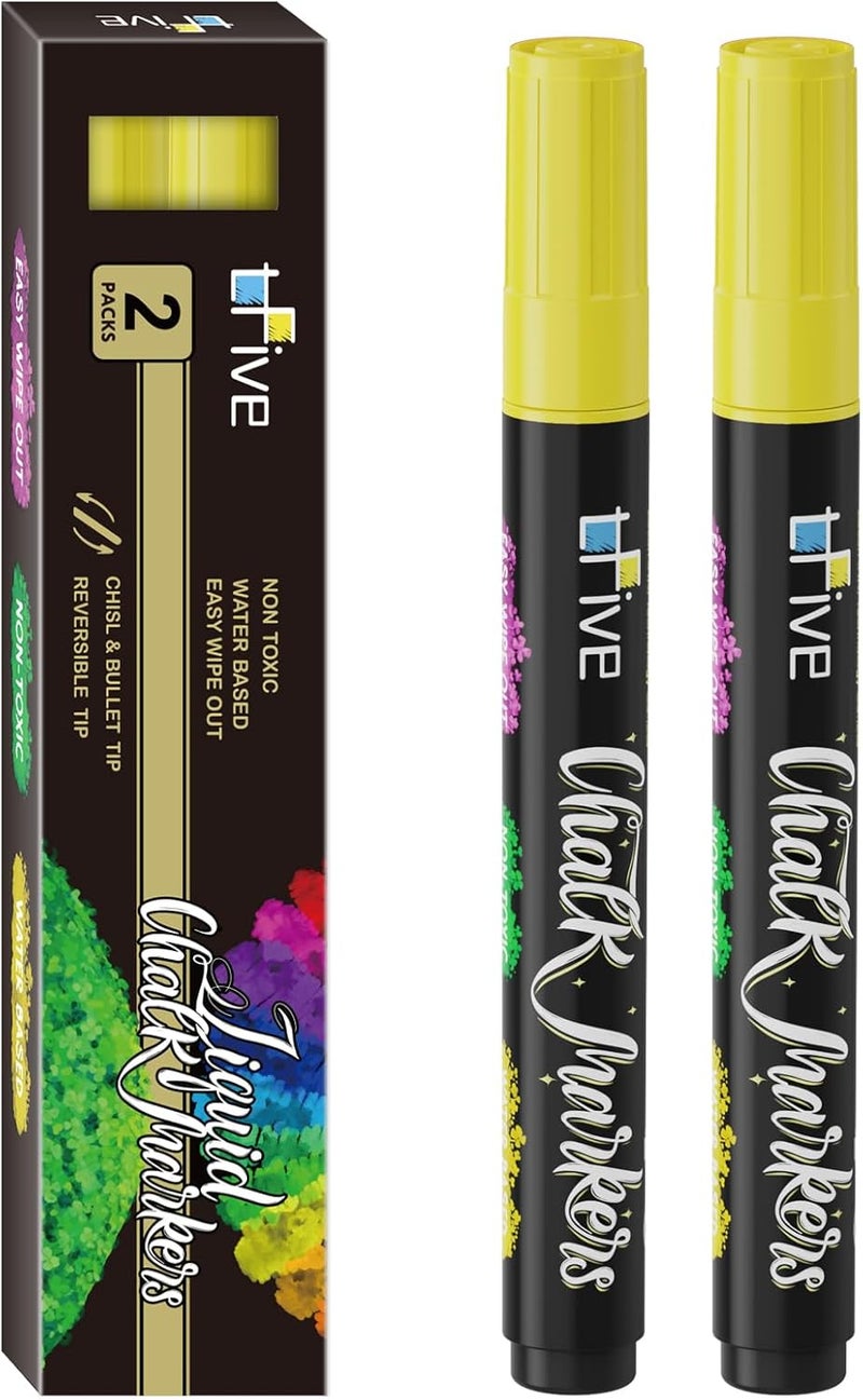 TFIVE Yellow Liquid Chalk Markers - 2 Pack Bright Colors Erasable Chalk Marker Pens, Reversible Tip, Non-Toxic, for Chalkboards, Signs, Glass, Easy to use Chalk markers TF800 - Image 1